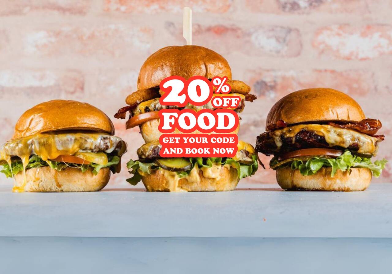 Three burgers with a text overlay of twenty percent off all food offer