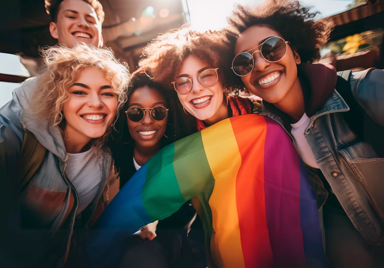 people with pride flag