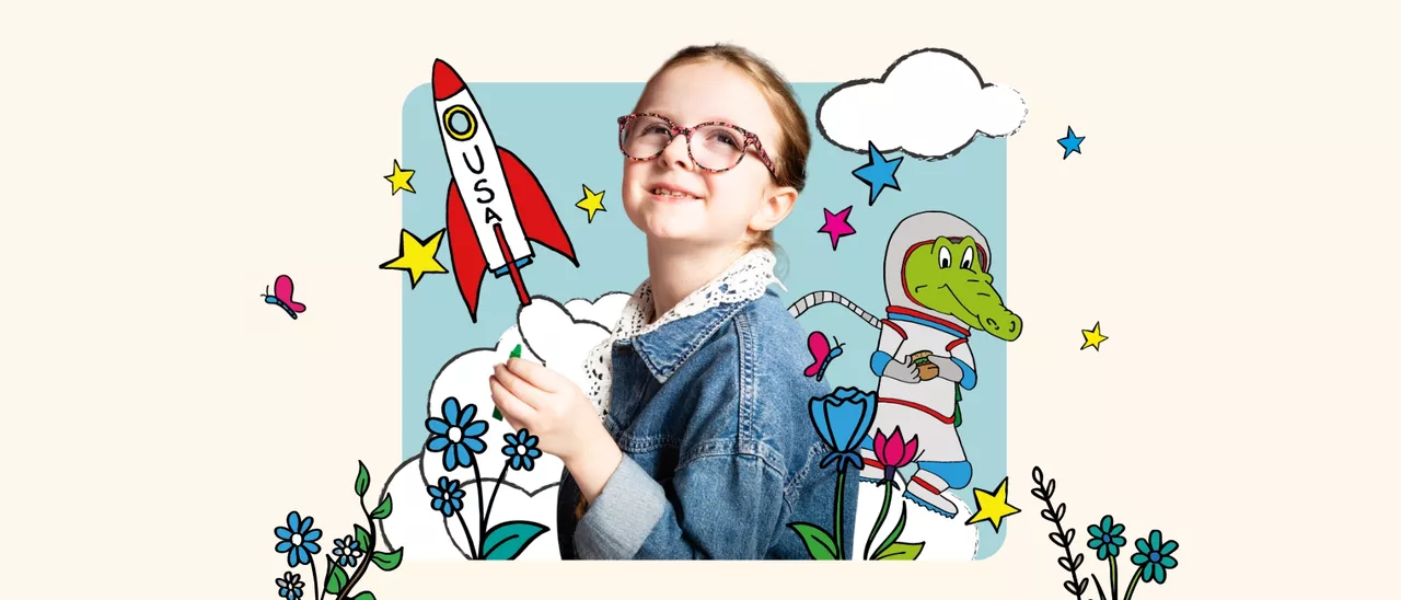 kid in spring themed graphic