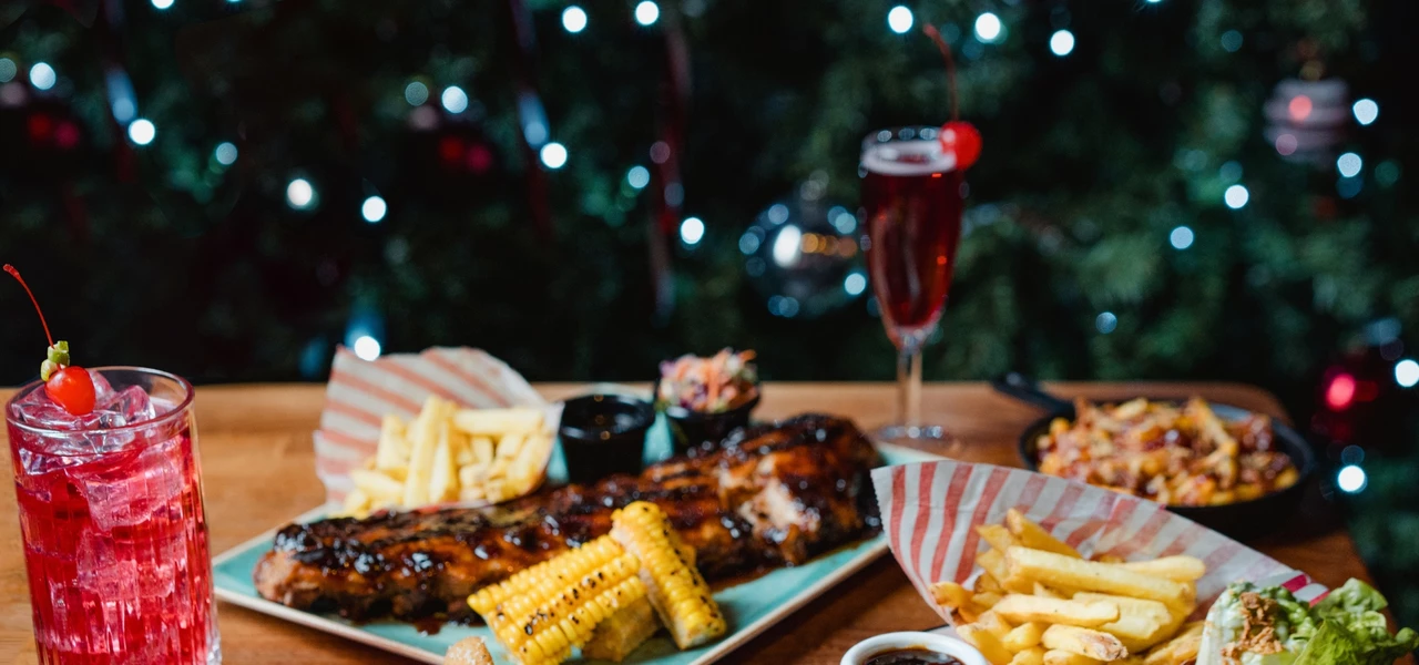 Festive dishes and tree