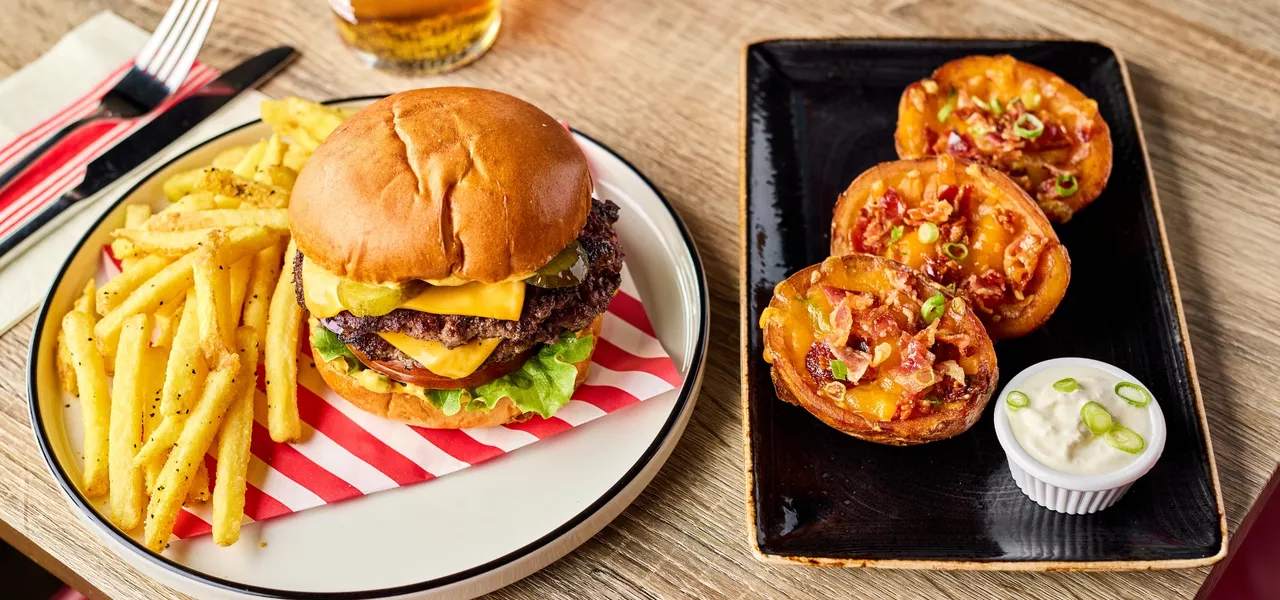 Burger and loaded potato skins