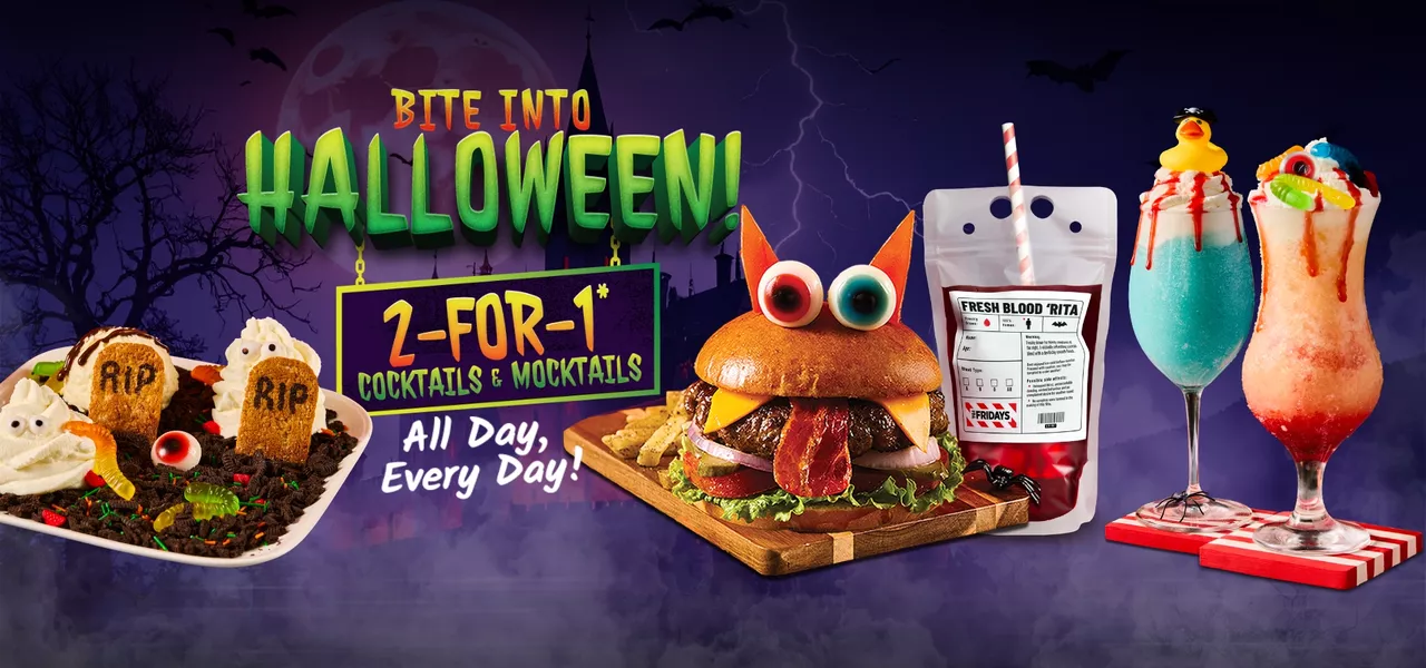Halloween banner with 2 for 1 drinks offer