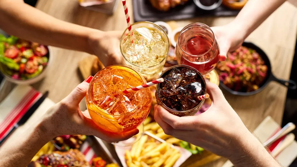 friends with drinks and food