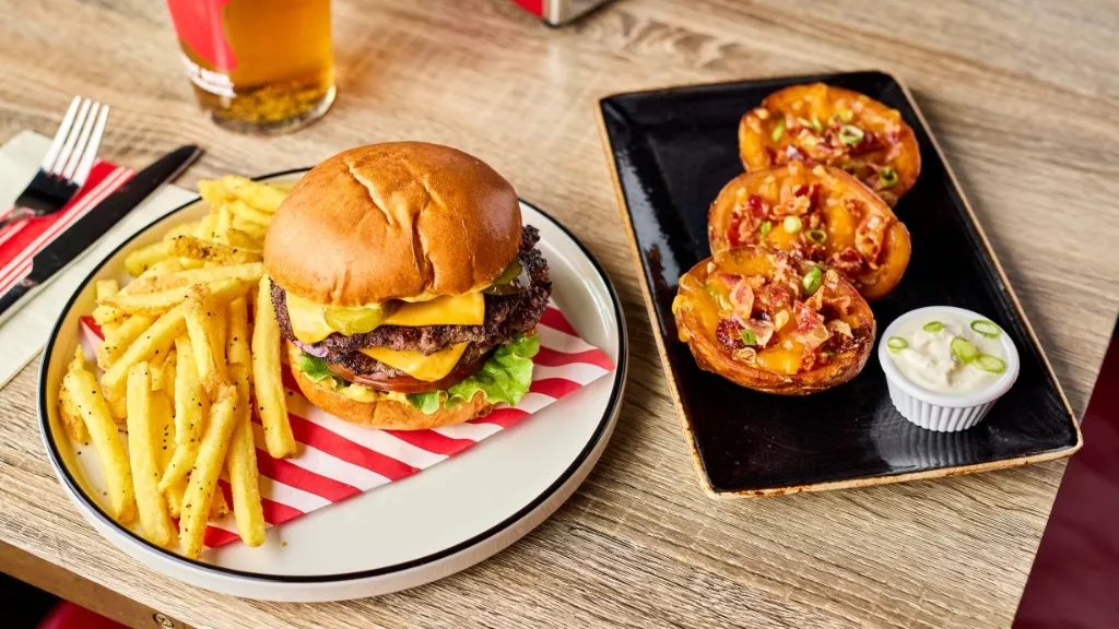 Burger and potato skins