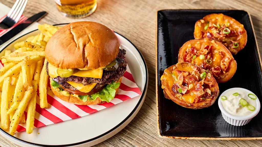 Burger and loaded potato skins