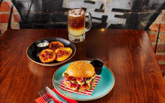Fridays™ Glazed Single Stack Burger and Cheese & Maple Bacon Potato skins