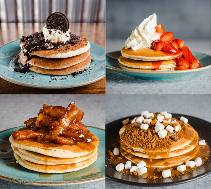 Pancake stacks with different toppings 